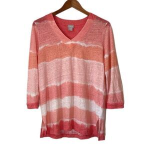 Chicos Linen Tie-Dye Striped Tunic Calypso Coral 3/4 Sleeve Knit